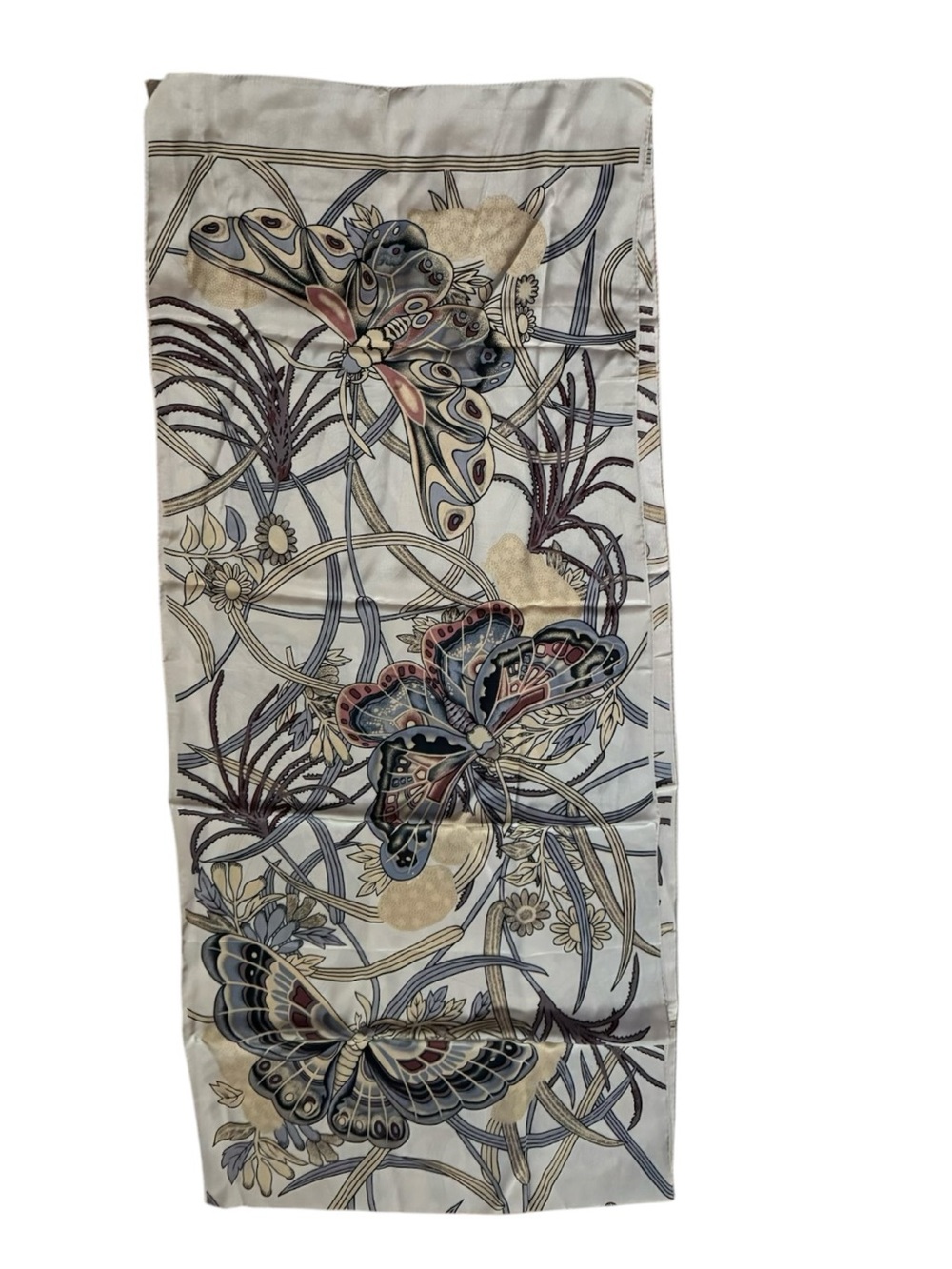 VINTAGE butterfly Print Silk Scarf in Ivory, Blue & Taupe